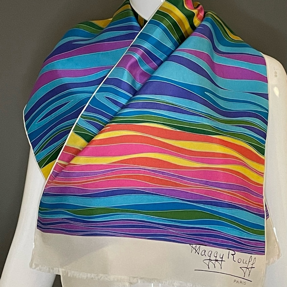 Beautiful Vintage Maggy Rouff Rainbow Silk Scarf 14 x 46 Excellent Cond Crisp - Picture 3 of 7